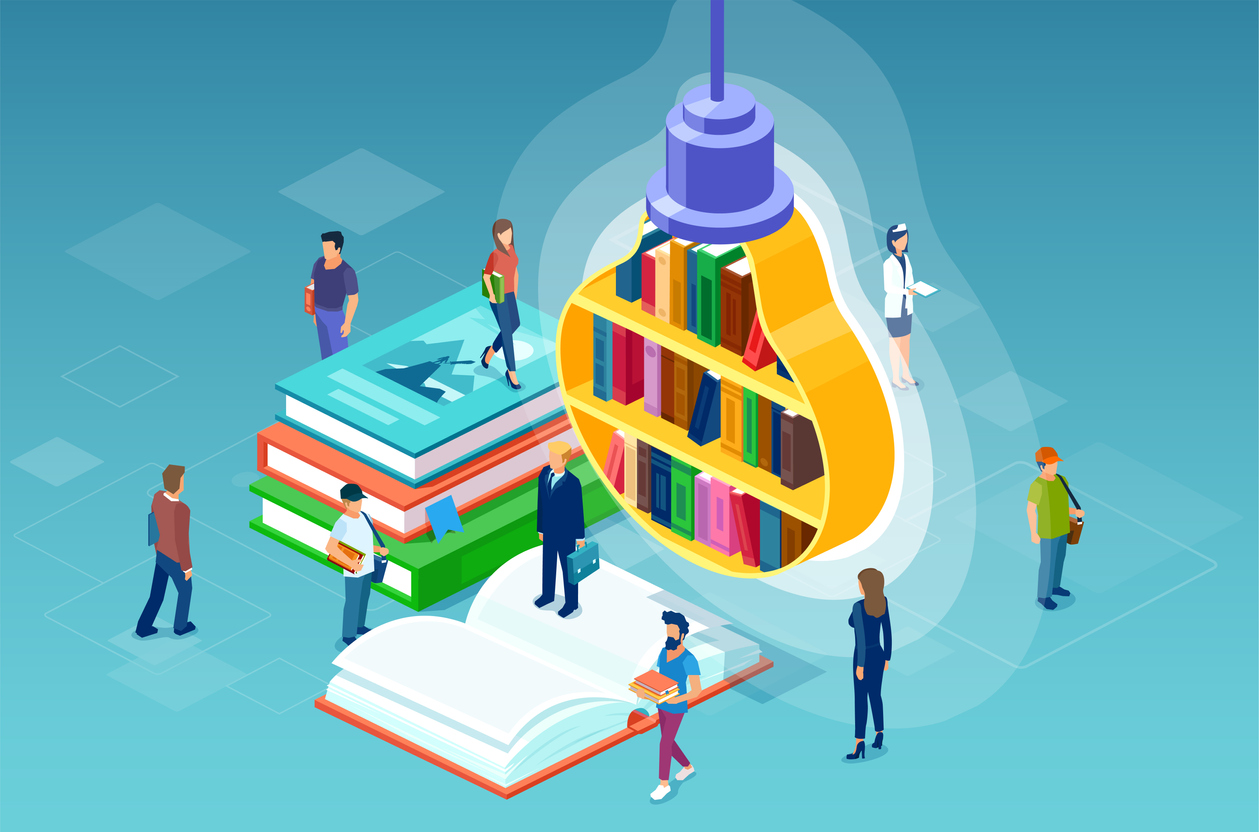 Book library and education concept. Vector of studying, reading literature people of different occupations and a bookshelf in the form of light bulb.