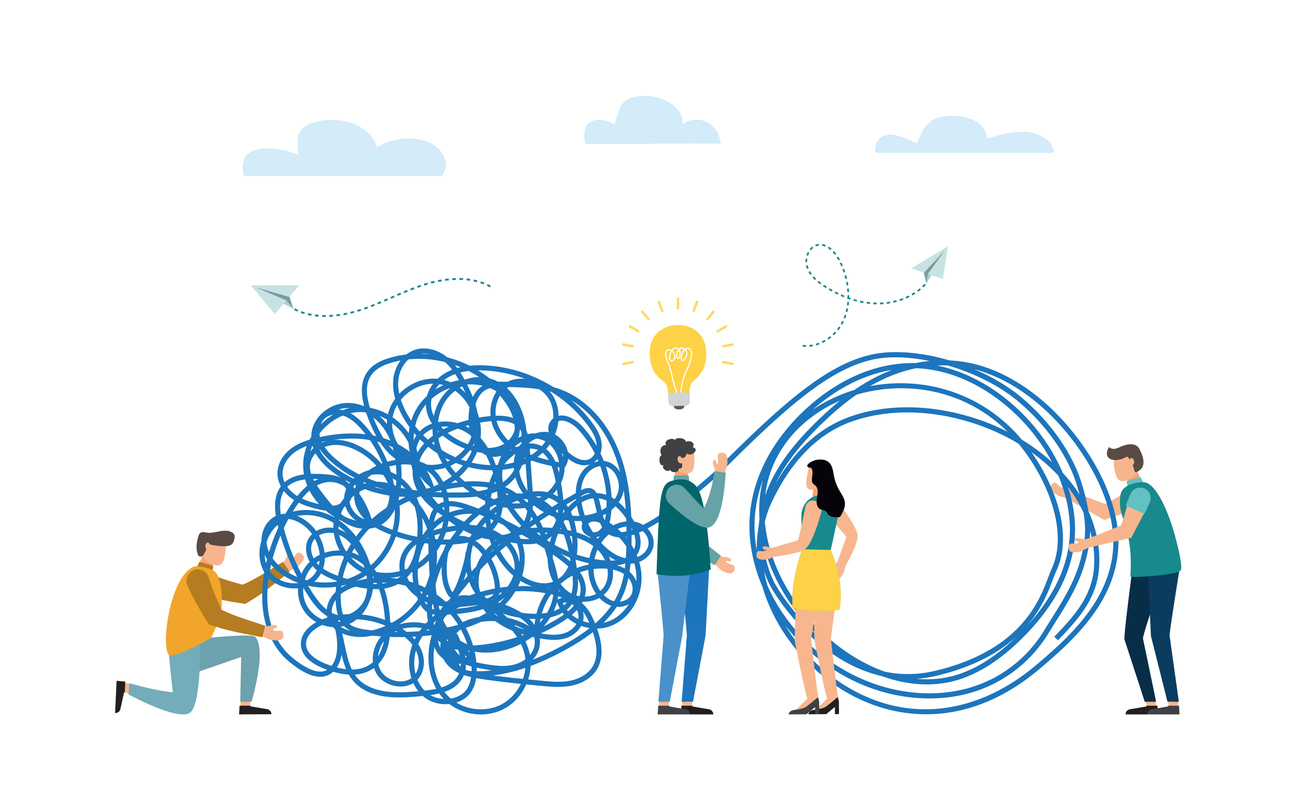 Business problem solving concept. Tangle tangled and unraveled. abstract metaphor. Teamwork, coworking, partnership. Vector illustration