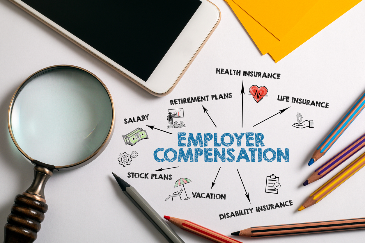 Employer compensation. Salary, Retirement, Insurance and Vacation concept. Chart with keywords and icons. White office desk