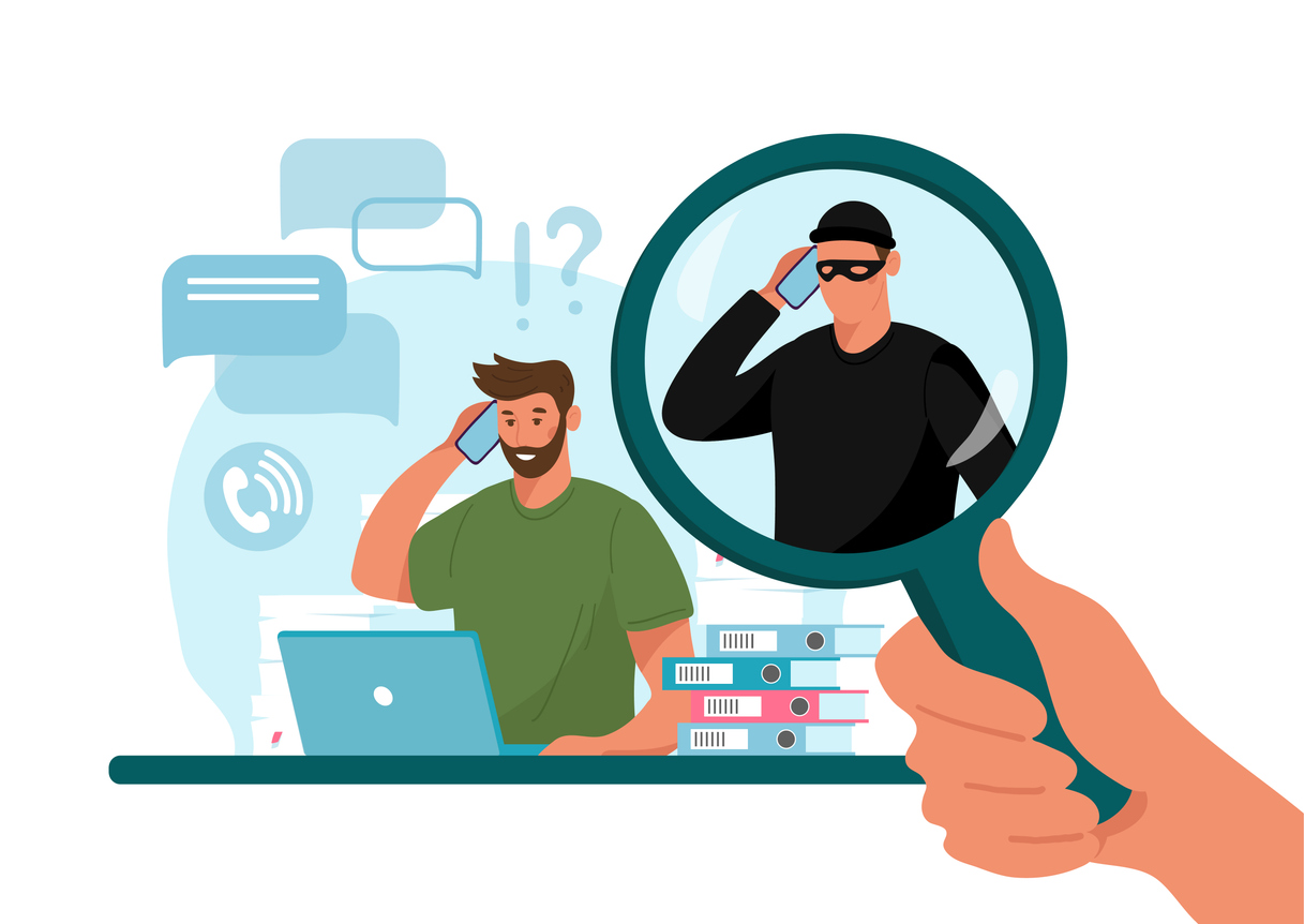 Online crime concept illustrat ion, online social media fraud. A swindler and a thief are working at the computer. Vector flat illustration isolated on white background